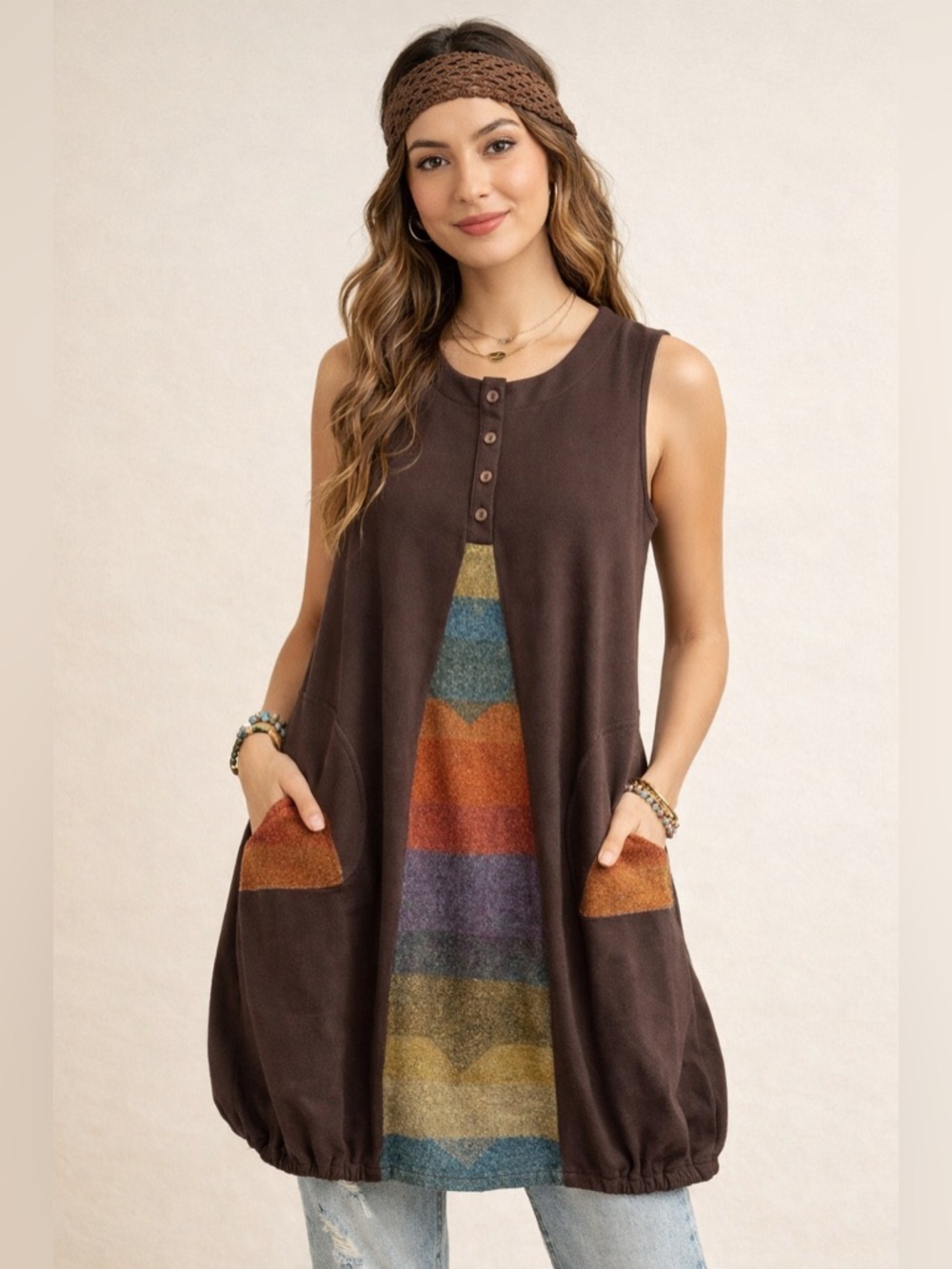 Terra SJ Apparel Boho Colorblock Sleeveless Tunic Dress
